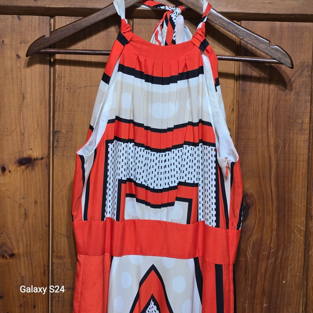 Eliza J Orange Geometric Print Halter Maxi Dress Womens Size 2 Side Zip V-Back